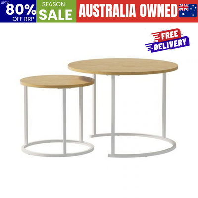 Set of 2 Nesting Coffee Table Round Natural and White