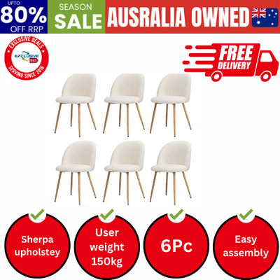 6x Dining Chairs Upholstered Sherpa Wooden White