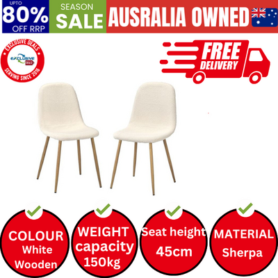 2x Dining Chairs Sherpa White and Wooden