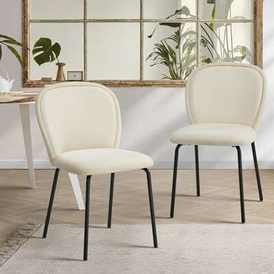2x Dining Chairs Kitchen Chairs Chenille Pad Metal Legs Beige