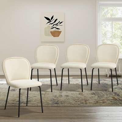 4x Dining Chairs Kitchen Chairs Chenille Pad Metal Legs Beige