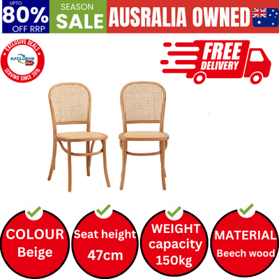 2PCS Dining Chairs Wooden Rattan Beige
