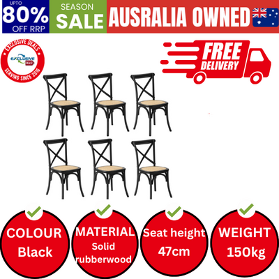 6PCS Crossback Dining Chair Solid Birch Timber Wood Ratan Seat Black