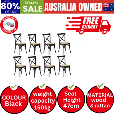 8PCS Crossback Dining Chair Solid Birch Timber Wood Ratan Seat Black