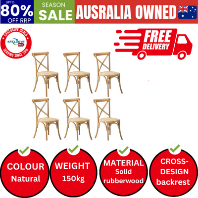6PCS Crossback Dining Chair Solid Birch Timber Wood Ratan Seat Natural