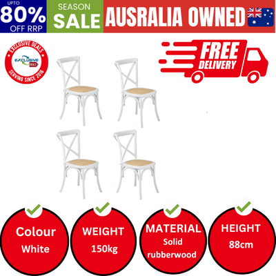 4PCS Crossback Dining Chair Solid Birch Timber Wood Ratan Seat White