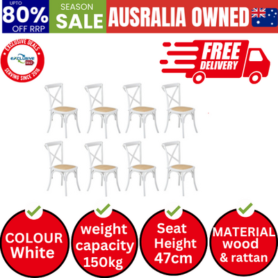 8PCS Crossback Dining Chair Solid Birch Timber Wood Ratan Seat White