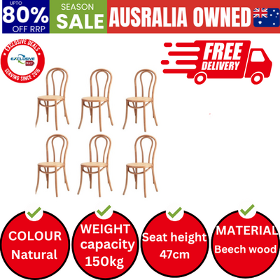 6x Dining Chair Solid Wooden Chairs Ratan Seat Natural