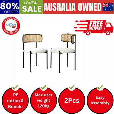 2x Dining Chair Round Boucle Rattan Backrest Black & White