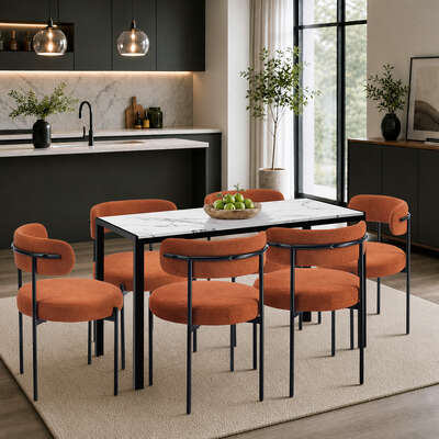 2x Dining Chairs Round Boucle Backrest Orange