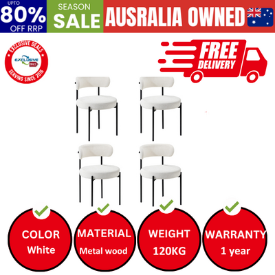 4x Dining Chair Round Boucle Kitchen Lounge Seats Backrest White