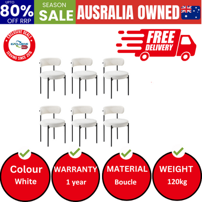6x Dining Chair Round Boucle Kitchen Lounge Seats Backrest White