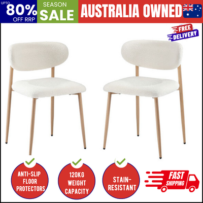 2x Dining Chairs Boucle Fabric Wood Frame White Modern Kitchen Lounge Set