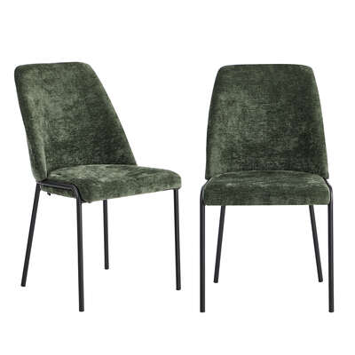 Set of 2 Dining Chairs Chenille Fabric Upholstered Padded Seat Green