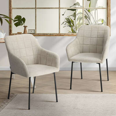 2x Dining Chairs Kitchen Accent Armchairs Linen Fabric Beige