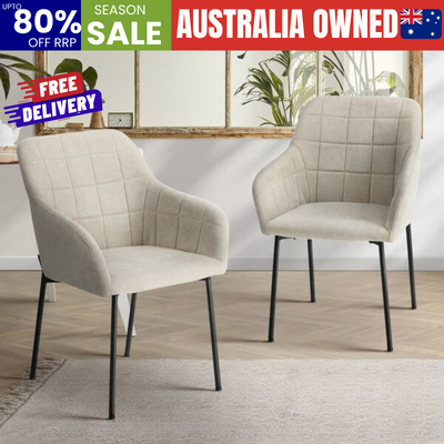 2x Dining Chairs Kitchen Accent Armchairs Linen Fabric Beige