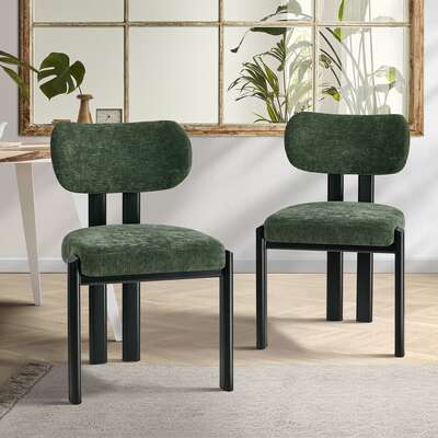 2x Dining Chairs Chenille Kitchen Chair Padded Seat Green