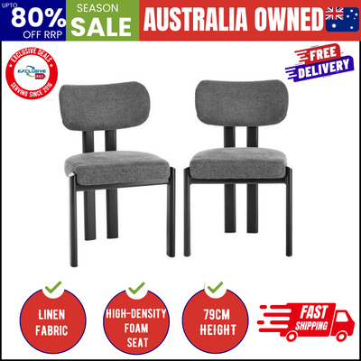 Dining Chair Set of 2 Grey Linen Fabric with Padded Foam Seat