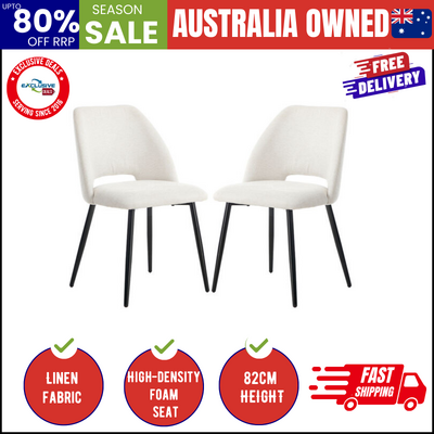 Dining Chair Set of 2 Beige Linen Fabric with Wraparound Padded Seat
