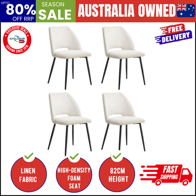 Dining Chair Set of 4 Beige Linen Fabric with Wraparound Padded Seat