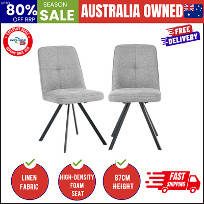 Dining Chair Set of 2 Grey Linen Fabric Padded Seat Accent
