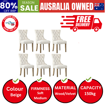 6x Velvet Dining Chairs Upholstered French Provincial Tufted Beige