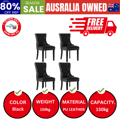 4x Dining Chairs Upholstered French Provincial Tufted PU Leather Black