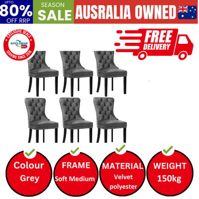 6x Velvet Dining Chairs Upholstered French Provincial Tufted Grey