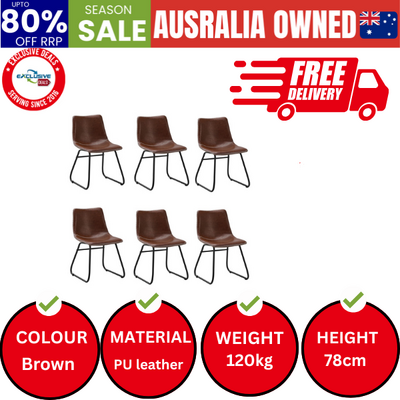 6x Dining Chairs Kitchen Table Chair Lounge Retro Padded Seat PU Brown
