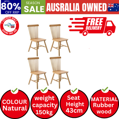 4x Dining Chairs Minimalist Vertical Back Chair Wooden Home Rubber Wood