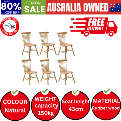 6x Dining Chairs Minimalist Vertical Back Chair Wooden Home Rubber Wood