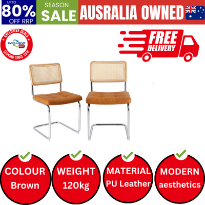 2x Rattan Dining Chair Steel Frame Leather Seat Brown