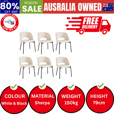 6x Armchair Dining Chair Accent Chairs Tub Armchairs Sherpa White&Black