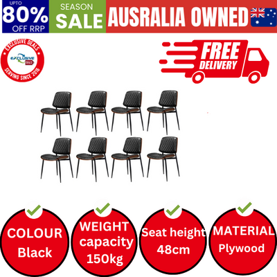 8x Dining Chairs Retro Leather Solid Beech Wood Metal Legs Black