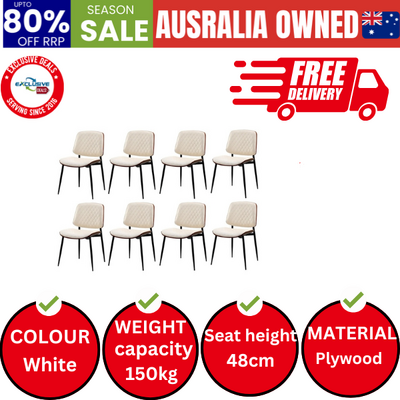 8x Dining Chairs Retro Leather Solid Beech Wood Metal Legs White
