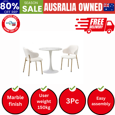 60cm Round Dining Table with 2x Dining Chairs Sherpa Gold&White
