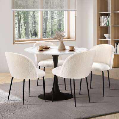 90cm Round Dining Table with 4PCS Chairs Sherpa White