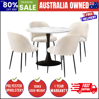 90cm Round Dining Table with 4PCS Chairs Sherpa White