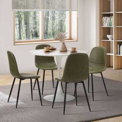 90cm Round Dining Table with 4 PU Leather Chairs Green for Kitchen or Dining