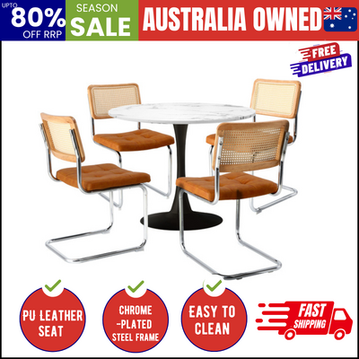 90cm Round Dining Table with 4PCS Dining Chairs PU Leather Brown