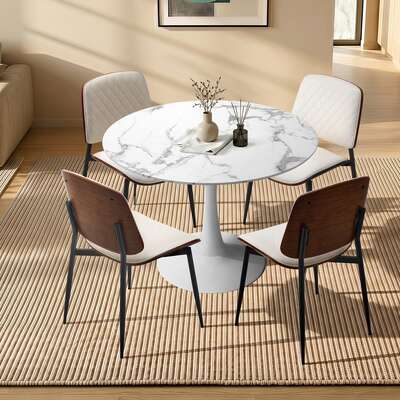 Dining Table Set White Pu Leather