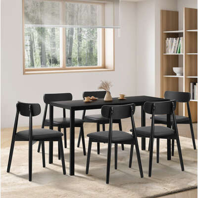 1.4m Dining Table with 6PCS Wooden Chairs Set Black PU Leather for Kitchen