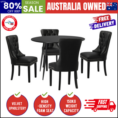 110cm Round Dining Table with 4PCS Dining Chairs Velvet Black