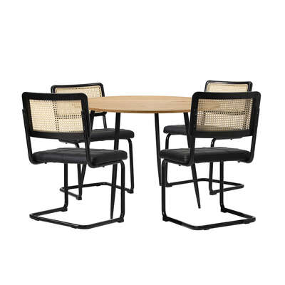 110cm Round Dining Table with 4PCS Dining Chairs Leather Black