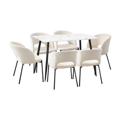 Rectangle Dining Table with 6PCS Sherpa White Chairs for Kitchen Room