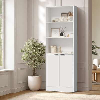 Tall Bookcase Display Shelf 2 Door Adjustable Cabinet White