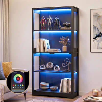 4 Tier Glass Display Cabinet LED Light Black | EXTG