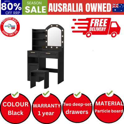 Dressing Table Stool Set Vanity Desk Makeup Mirror 12 LED Bulbs Black