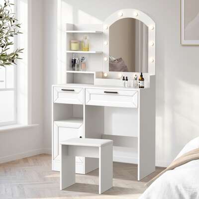 Dressing Table Stool Set Arch Mirror 12 LED Bulbs | EXTG