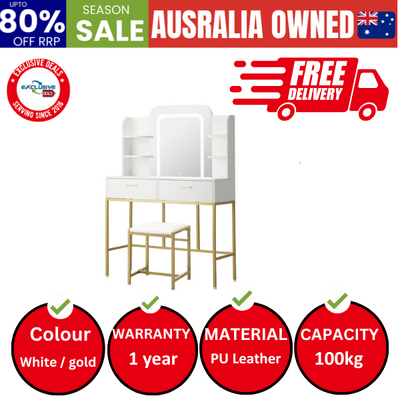 Dressing Table Stool Set Makeup LED Mirror Vanity Iron Desk White Gold